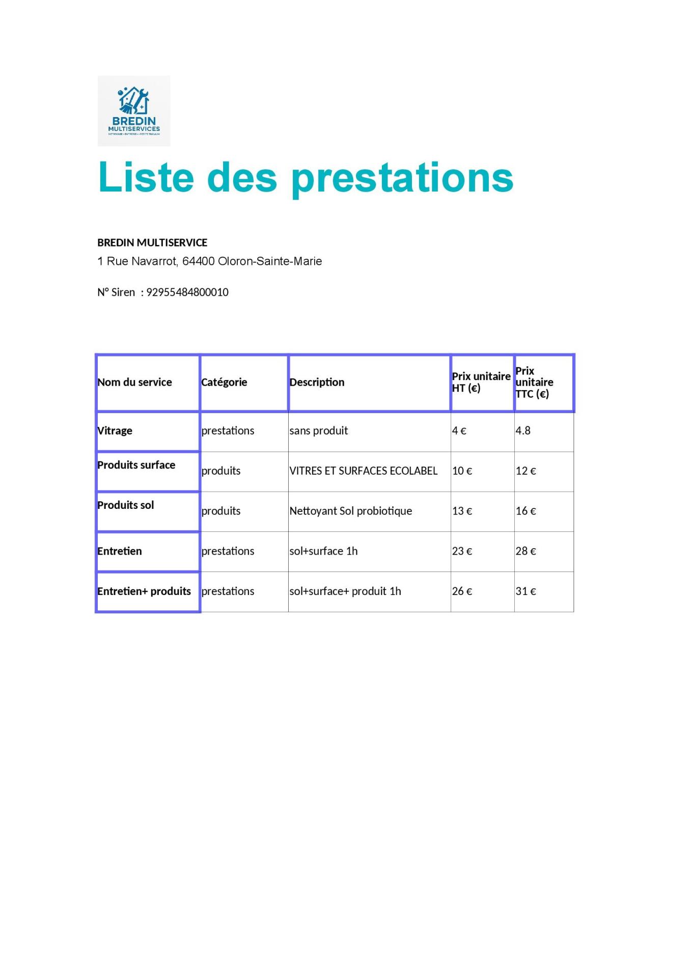 Grille tarifaire